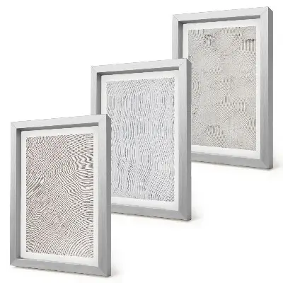 Conjunto de 3 quadros decorativos com padrões de areia e estruturas geométricas lineares