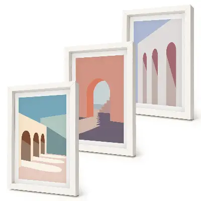 Conjunto de molduras com imagens gráficos minimalistas de arquitetura urbana em tons pastel