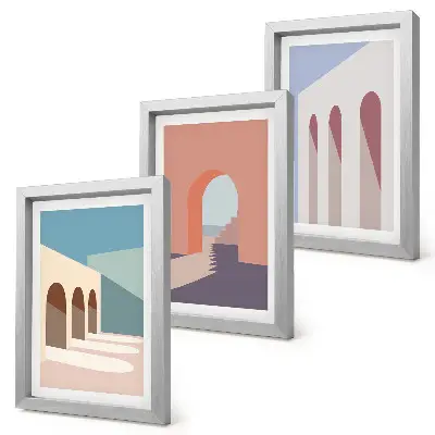 Conjunto de molduras com imagens gráficos minimalistas de arquitetura urbana em tons pastel