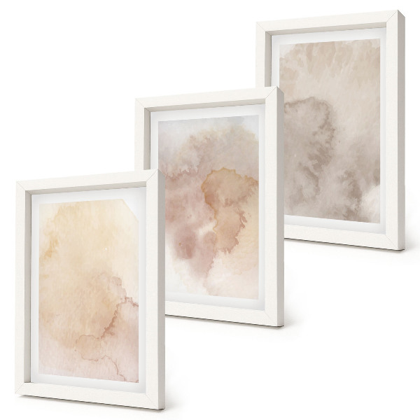 Conjunto de 3 quadros decorativos Aquarelas em tons quentes sobre tela com texturas em tons pastel.