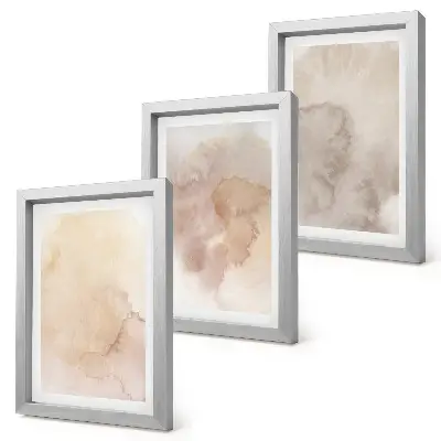 Conjunto de 3 quadros decorativos com aquarelas em tons quentes e texturas em tons pastel sobre tela