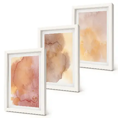 Conjunto de quadros com imagens aquarelas em tons quentes sobre tela com texturas coloridas