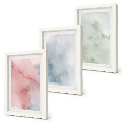 Conjunto de 3 quadros decorativos com estruturas em tons pastel e aquarelas coloridas sobre tela