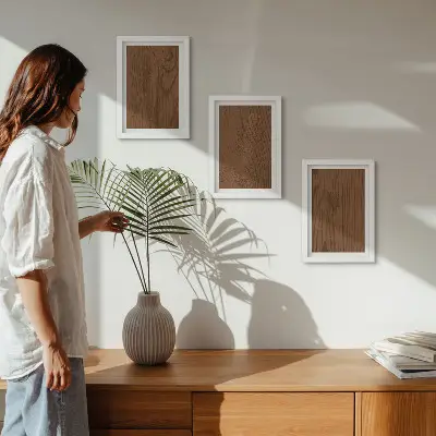 Tríptico com moldura estampa de textura minimalista de casca de árvore com padrão de madeira