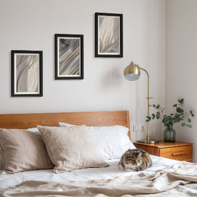 Conjunto de 3 quadros decorativos Detalhe das estruturas de tecido natural em estilo boho.