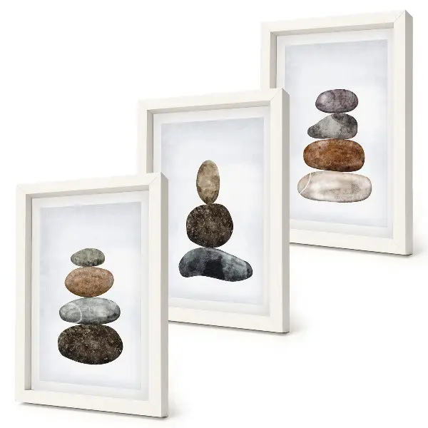 Conjunto de quadros com imagens pilhas de pedras em pintura minimalista estilo boho