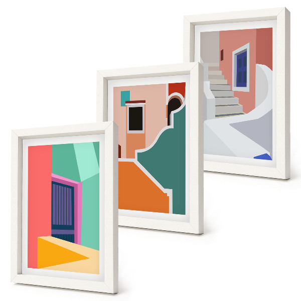 Conjunto de 3 quadros decorativos Ilustrações coloridas de edifícios em estilo moderno.