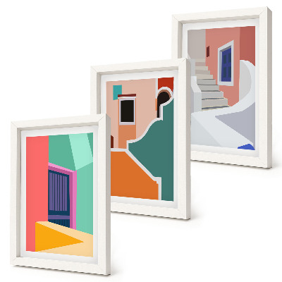 Conjunto de 3 quadros decorativos Ilustrações coloridas de edifícios em estilo moderno.