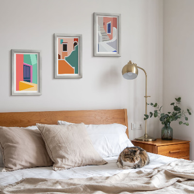Conjunto de 3 quadros decorativos Ilustrações coloridas de edifícios em estilo moderno.