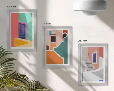 Conjunto de 3 quadros decorativos com ilustrações coloridas de edifícios em estilo moderno