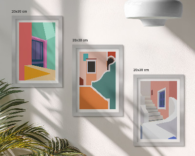 Conjunto de 3 quadros decorativos Ilustrações coloridas de edifícios em estilo moderno.