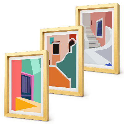 Conjunto de 3 quadros decorativos Ilustrações coloridas de edifícios em estilo moderno.