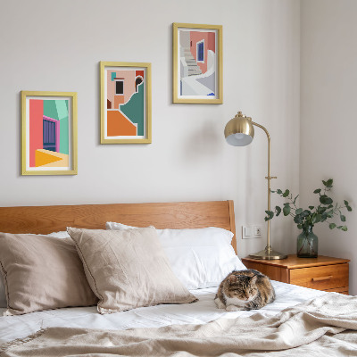 Conjunto de 3 quadros decorativos Ilustrações coloridas de edifícios em estilo moderno.