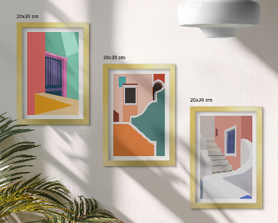 Conjunto de 3 quadros decorativos Ilustrações coloridas de edifícios em estilo moderno.