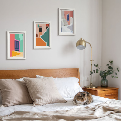 Conjunto de 3 quadros decorativos Ilustrações coloridas de edifícios em estilo moderno.