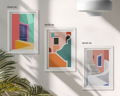 Conjunto de 3 quadros decorativos Ilustrações coloridas de edifícios em estilo moderno.
