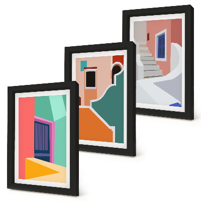 Conjunto de 3 quadros decorativos Ilustrações coloridas de edifícios em estilo moderno.