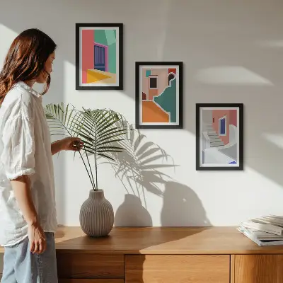 Conjunto de 3 quadros decorativos com ilustrações coloridas de edifícios em estilo moderno