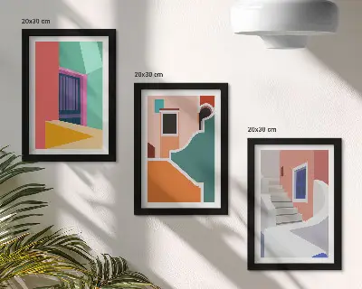 Conjunto de 3 quadros decorativos com ilustrações coloridas de edifícios em estilo moderno