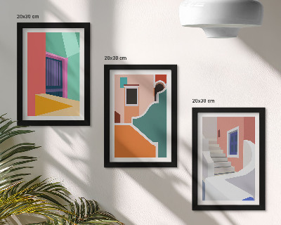 Conjunto de 3 quadros decorativos Ilustrações coloridas de edifícios em estilo moderno.