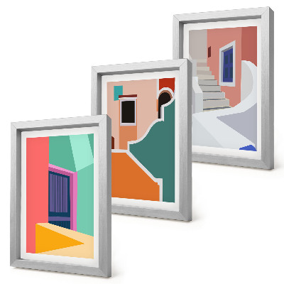 Conjunto de 3 quadros decorativos Ilustrações coloridas de edifícios em estilo moderno.