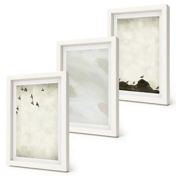 Tríptico com moldura de decorações minimalistas com estampas de pássaros, pedras e pinceladas