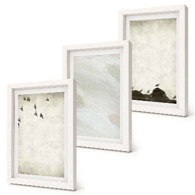 Tríptico com moldura Decorações minimalistas com pássaros, pedras e pinceladas.