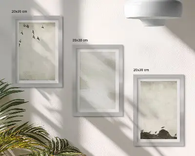 Tríptico com moldura de decorações minimalistas com estampas de pássaros, pedras e pinceladas