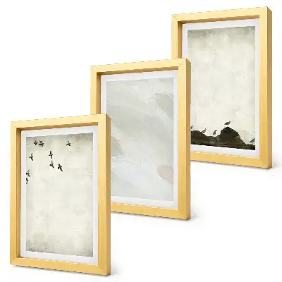Tríptico com moldura de decorações minimalistas com estampas de pássaros, pedras e pinceladas