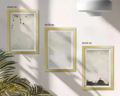 Tríptico com moldura de decorações minimalistas com estampas de pássaros, pedras e pinceladas