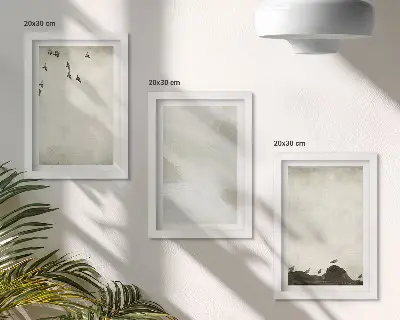Tríptico com moldura de decorações minimalistas com estampas de pássaros, pedras e pinceladas