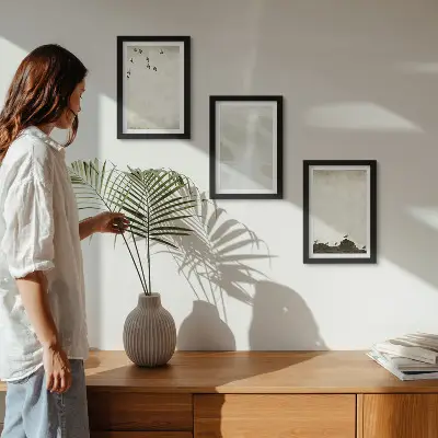 Tríptico com moldura de decorações minimalistas com estampas de pássaros, pedras e pinceladas