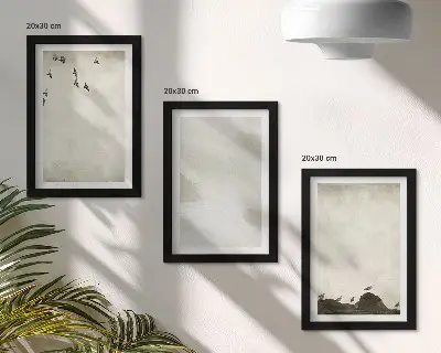 Tríptico com moldura de decorações minimalistas com estampas de pássaros, pedras e pinceladas