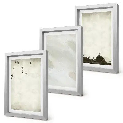 Tríptico com moldura de decorações minimalistas com estampas de pássaros, pedras e pinceladas