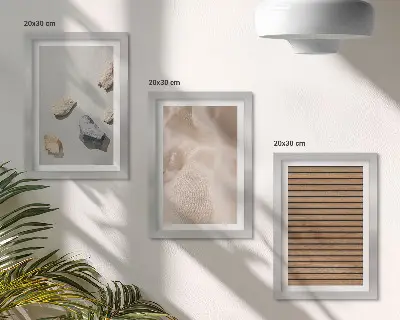 Tríptico com moldura estampa de pedras, madeira e tecido com diversas texturas
