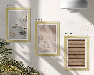 Tríptico com moldura estampa de pedras, madeira e tecido com diversas texturas