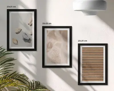 Tríptico com moldura estampa de pedras, madeira e tecido com diversas texturas