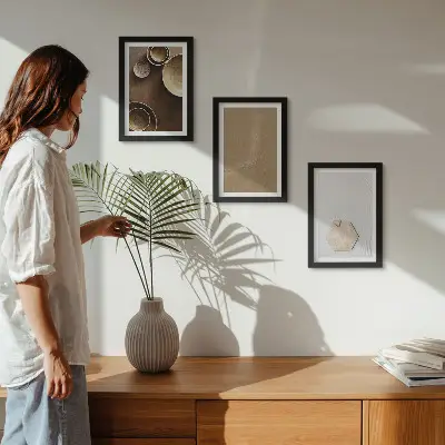 Conjunto de 3 quadros decorativos com texturas minimalistas em tons quentes
