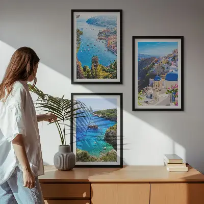 Composição de quadros moderna com vistas gregas de Santorini Oia