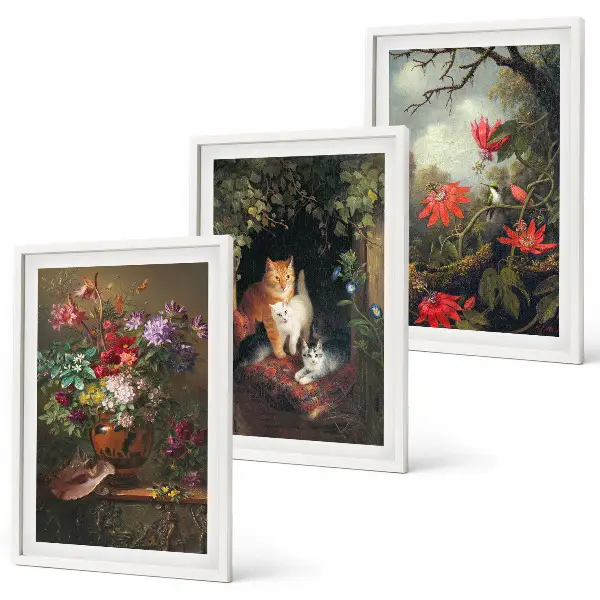 Conjunto de 3 quadros com moldura com estampas de flores vintage, gatos e natureza