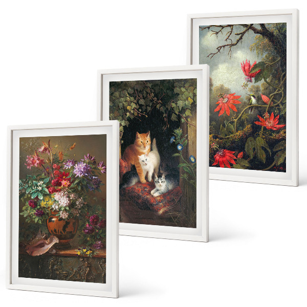 Conjunto de 3 quadros com moldura Flores vintage, gatos, natureza