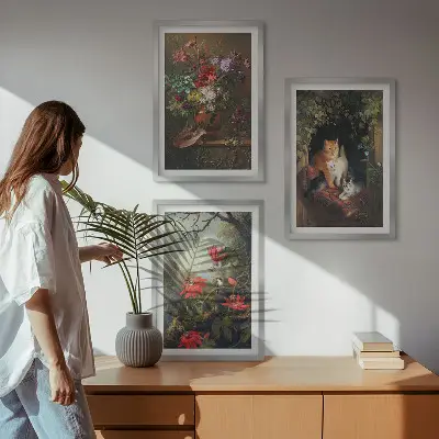 Conjunto de 3 quadros com moldura com estampas de flores vintage, gatos e natureza