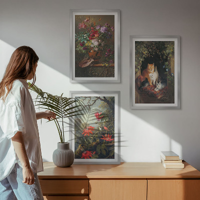 Conjunto de 3 quadros com moldura Flores vintage, gatos, natureza