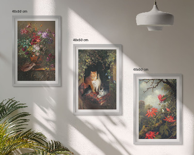 Conjunto de 3 quadros com moldura Flores vintage, gatos, natureza
