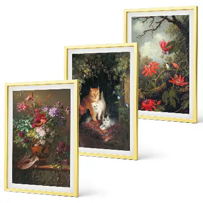 Conjunto de 3 quadros com moldura com estampas de flores vintage, gatos e natureza