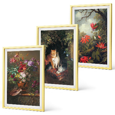 Conjunto de 3 quadros com moldura Flores vintage, gatos, natureza