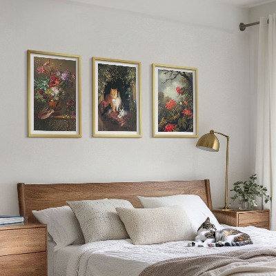 Conjunto de 3 quadros com moldura Flores vintage, gatos, natureza