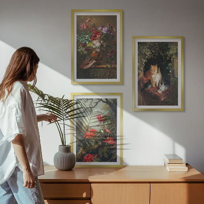 Conjunto de 3 quadros com moldura Flores vintage, gatos, natureza