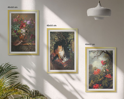 Conjunto de 3 quadros com moldura Flores vintage, gatos, natureza