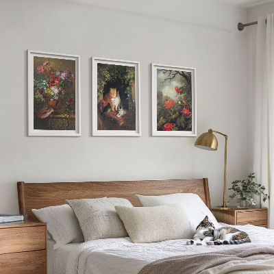 Conjunto de 3 quadros com moldura Flores vintage, gatos, natureza